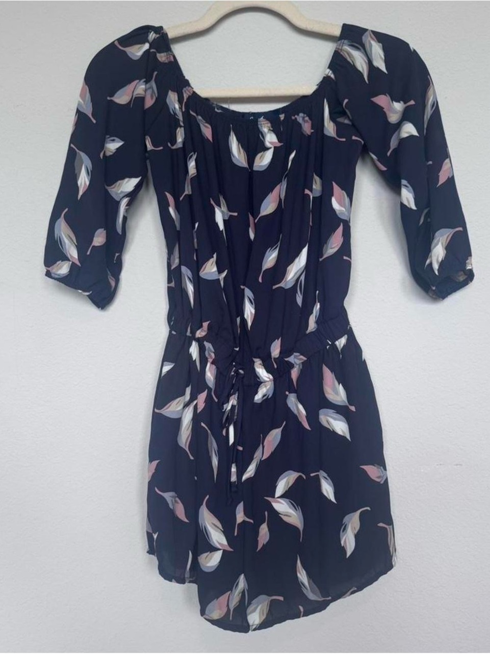 Womens Navy Floral Off-Shoulder Drawstring Romper